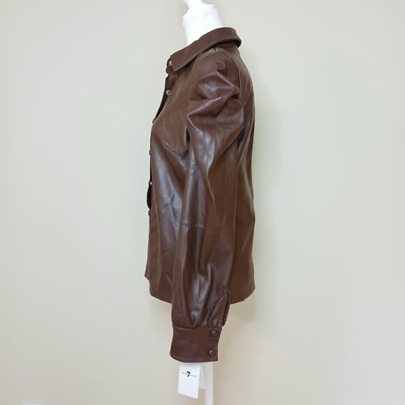 NWT 7 For All Mankind Vegan Faux Leather Puff Sleeve Top Brown Size Small - Picture 3 of 9